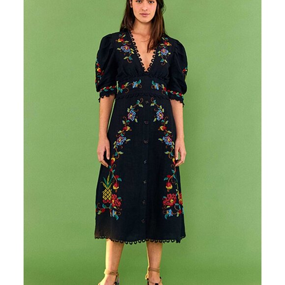 FARM Rio Dresses & Skirts - NWT FARM Rio Black Embroidery Midi Dress with Cross Stitch - Stunning V-Neck